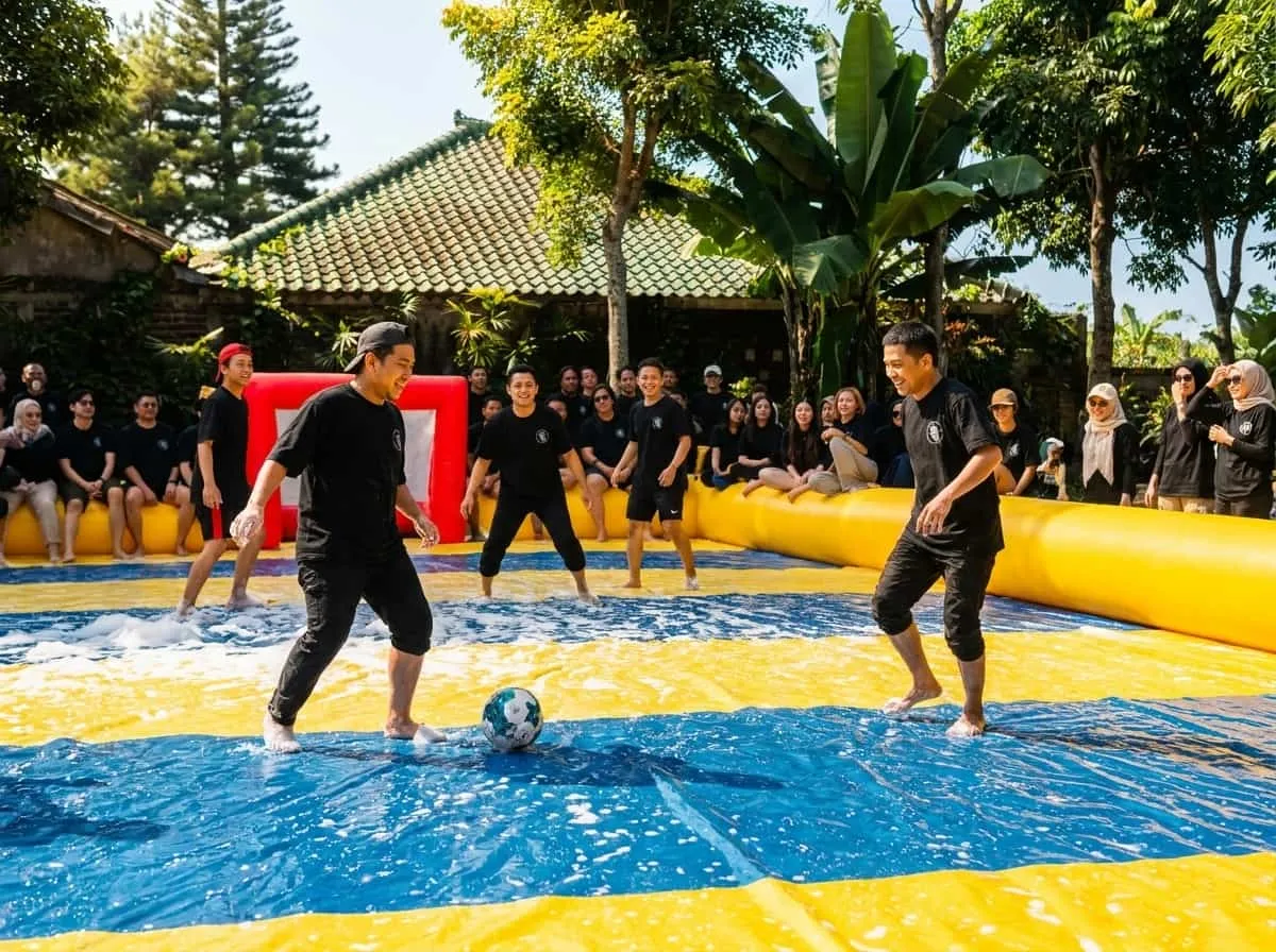 Suasana paket gathering kantor bersama inflatable games di Bogor